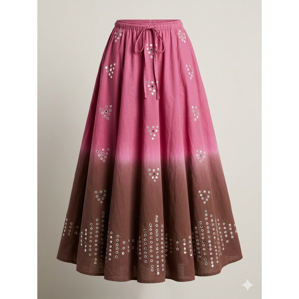 Old Navy Y2K Pink Brown Bandhani Sequin Cotton Long Maxi Skirt 16 Fairy Hippie
